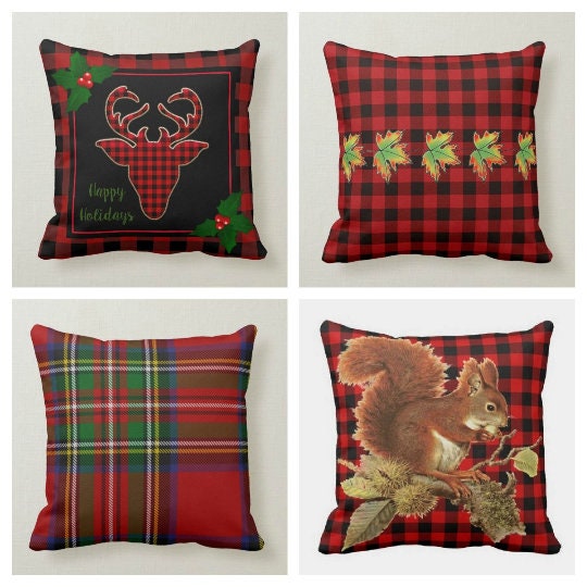 Red Fall Pillow Cases|Plaid Cushion Cover|Red Checkered Pillow Cover|Housewarming Squirrel Decor|Farmhouse Style|Buffalo Check Home Decor