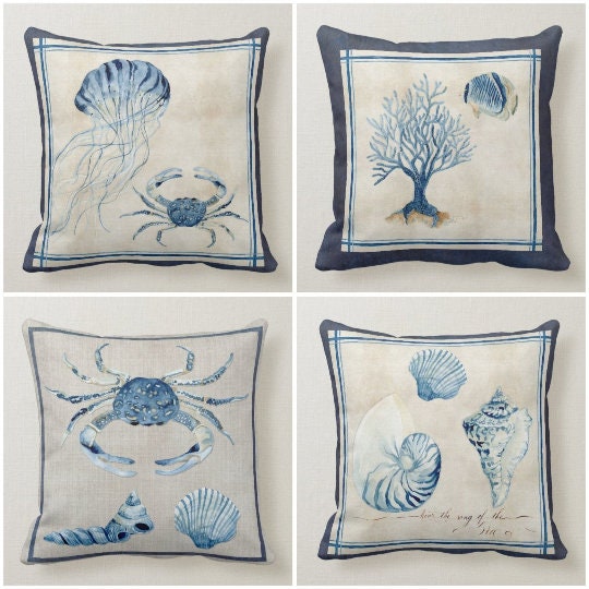 Beach House Pillow Covers|Coastal Pillow Case|Navy Marine Pillow|Decorative Nautical Cushions|Coral Seashell Crabs Jellyfish Throw Pillow