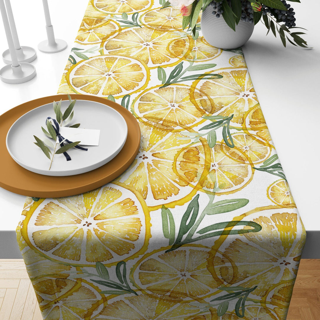 Lemon Table Runner|High Quality Floral Lemons on Geometric Design Table Decor|Summer Trend Tablecloth|Fresh Citrus Decor|Yellow Lemon Decor|