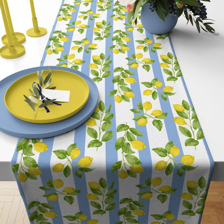 Lemon Table Runner|High Quality Floral Lemons on Geometric Design Table Decor|Summer Trend Tablecloth|Fresh Citrus Decor|Yellow Lemon Decor|