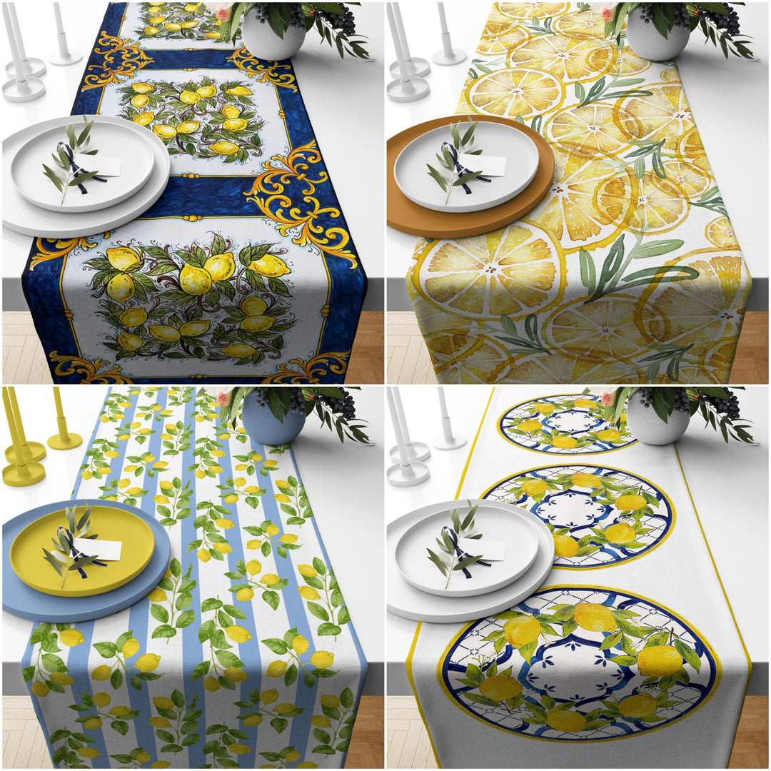 Lemon Table Runner|High Quality Floral Lemons on Geometric Design Table Decor|Summer Trend Tablecloth|Fresh Citrus Decor|Yellow Lemon Decor|