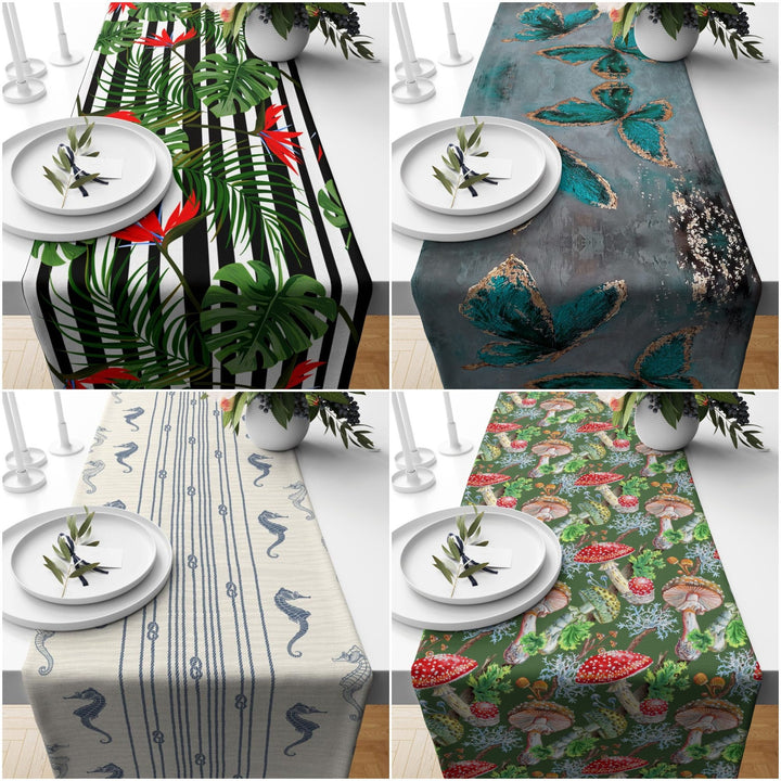 Decorative Table Runner|Seahorse Table Top|Striped Floral Home Decor|Red Mushroom Tablecloth|Turquoise Butterfly Table Runner|Summer Trend