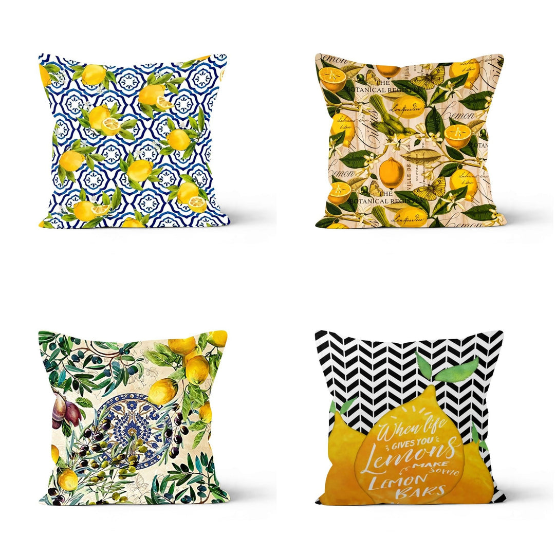 Floral Lemon Pillow Cover|Lemon with Tile Pattern Cushion|Lemon on Zigzag Home Decor|Housewarming Yellow Citrus|Farmhouse Floral Pillow Case