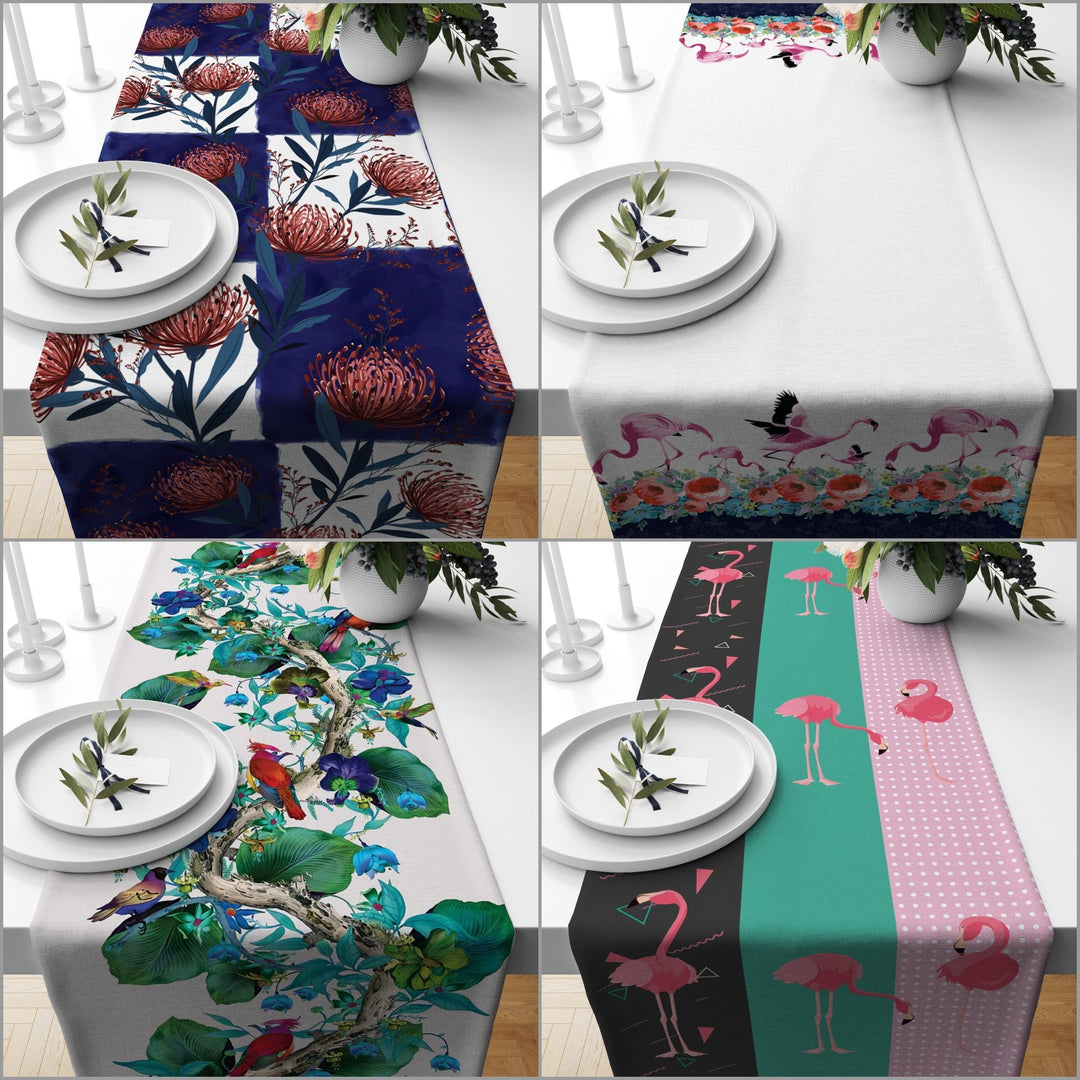 Floral Table Runner|Summer Trend Table Top|Floral Home Decor|Colorful Bird, Flamingo and Leaves Tablecloth|Housewarming Table Runner