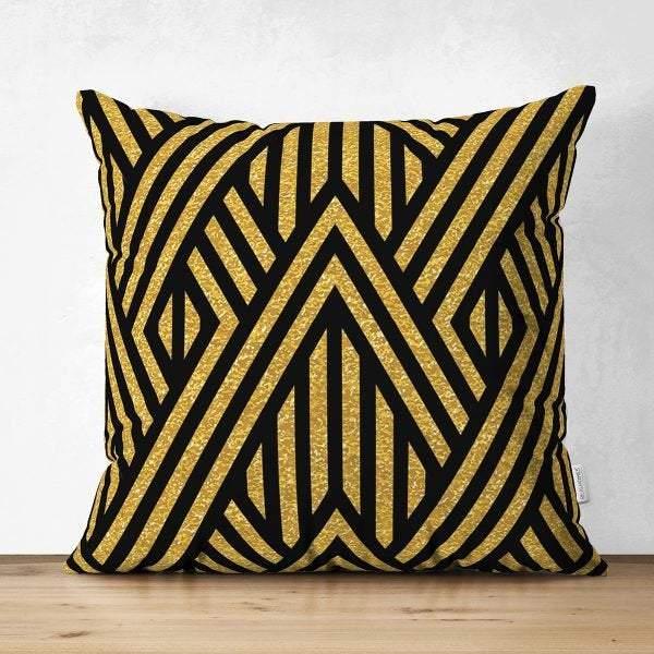 Geometric Pillow Cover|Modern Design Suede Pillow Case|Black Gold Home Decor|Decorative Pillow Case|Farmhouse Style Authentic Pillow Case