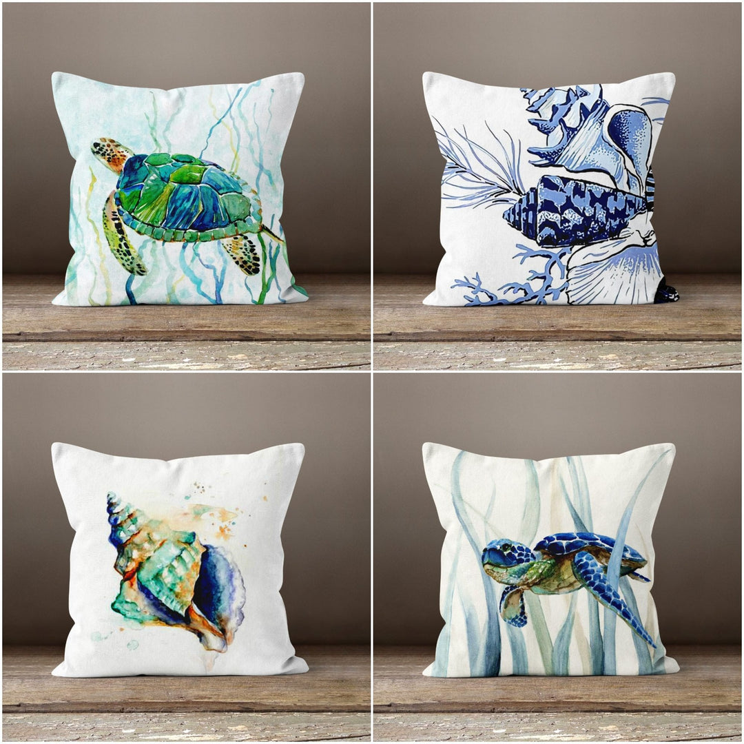 Beach House Pillow Case|Sea Turtle Pillow Cover|Decorative Nautical Cushions|Sea Shell Throw Pillow|Coastal Home Decor|Summer Trend Cushion