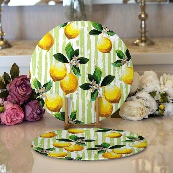 Set of 2 Placemat & Table Runner|Floral Lemon Table Top|Lemon Supla Table Mat|Round American Service Dining Underplate|Lemon Coasters