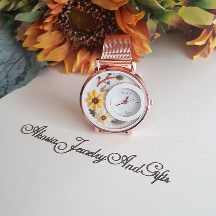 Personalized Wrist Watch|Floral Embroidery Watch|Vintage Watch|Unique Gift Watch for Women|Hand Stitched Gift for Mom|Baby Shower Gift