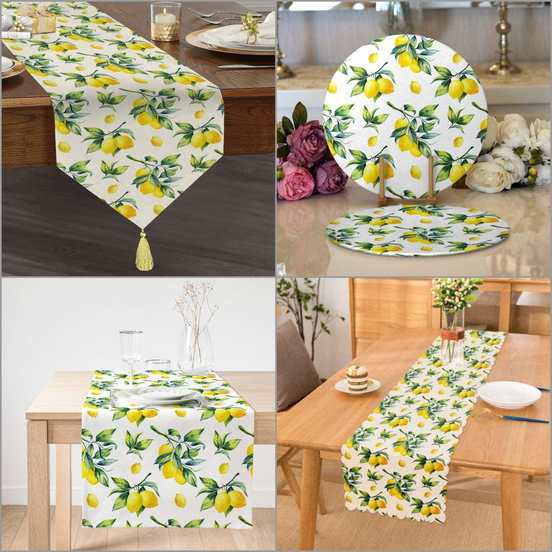 Lemon Placemat & Table Runner|Floral Lemon Table Top|Set of 2 Lemon Supla Table Mat|Round American Service Dining Underplate|Lemon Coasters