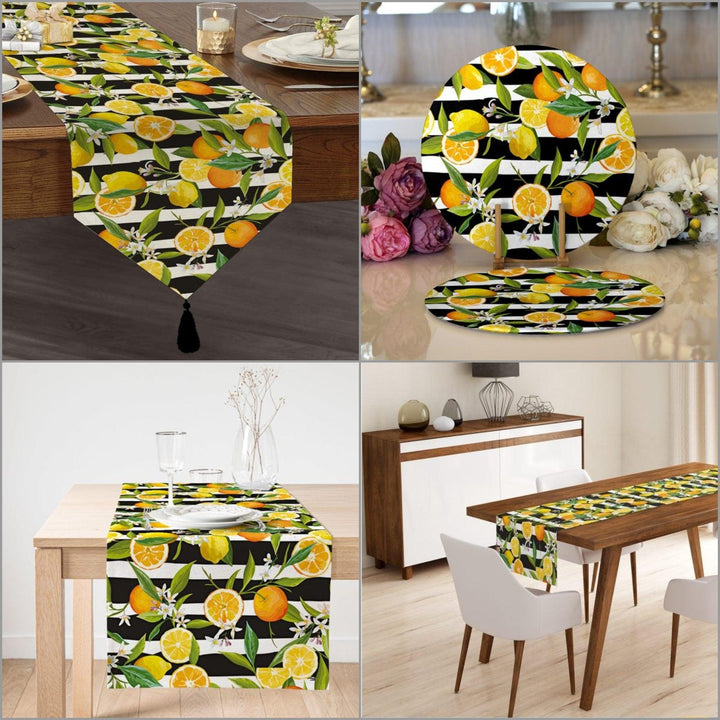 Lemon Placemat & Table Runner|Floral Lemon Table Top|Set of 2 Lemon Supla Table Mat|Round American Service Dining Underplate|Lemon Coasters