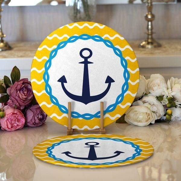 Nautical Placemat|Set of 2 Nautical Supla Table Mat|Navy Anchor Round American Service Dining Underplate|Blue Yellow Beach House Coasters