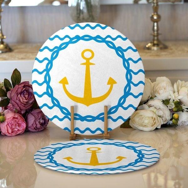 Nautical Placemat|Set of 2 Nautical Supla Table Mat|Navy Anchor Round American Service Dining Underplate|Blue Yellow Beach House Coasters