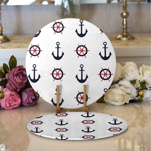 Nautical Placemat|Set of 2 Nautical Supla Table Mat|Navy Anchor Round American Service Dining Underplate|Navy Wheel Beach House Coasters