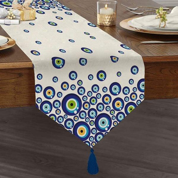 Evil Eye Table Runner|High Quality Triangle Chenille Table Runner|Good Luck Table|Symmetrical Pattern All Seeing Eye Tasseled Table Runner