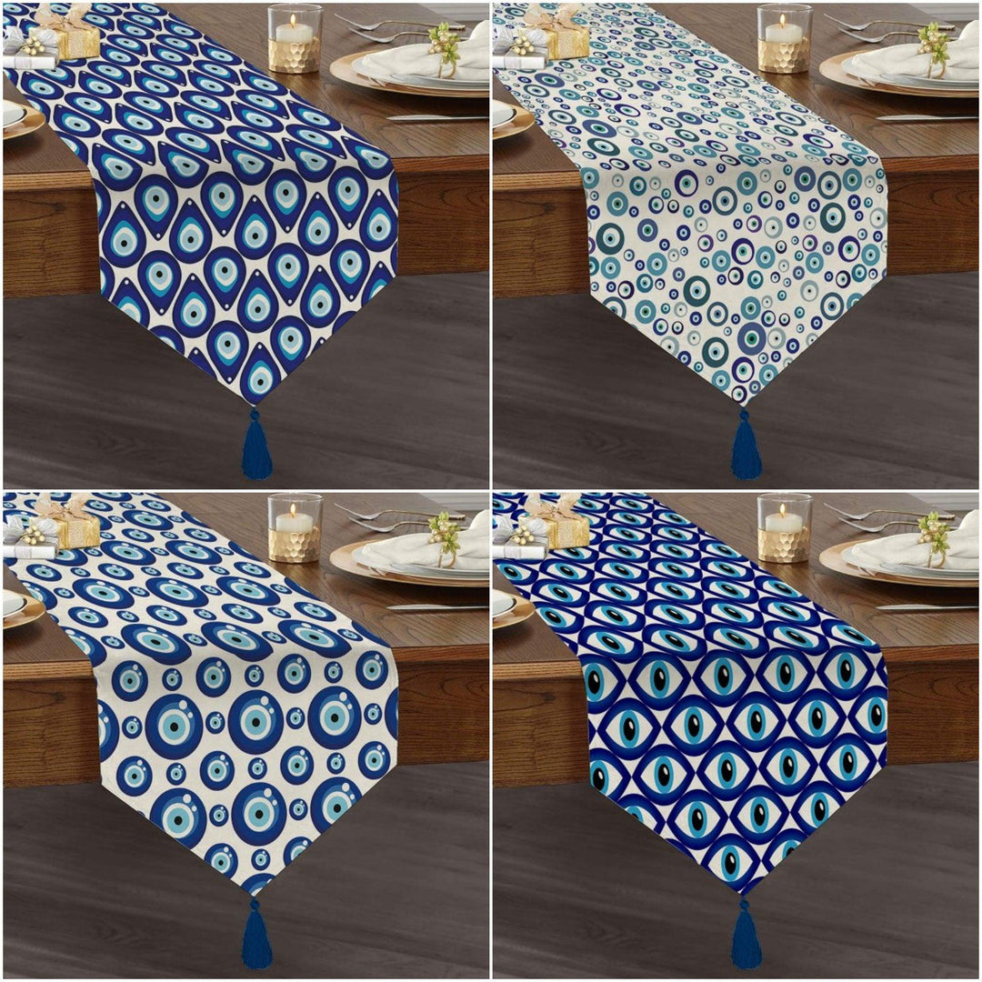 Evil Eye Table Runner|High Quality Triangle Chenille Table Runner|Good Luck Table|Symmetrical Pattern All Seeing Eye Tasseled Table Runner