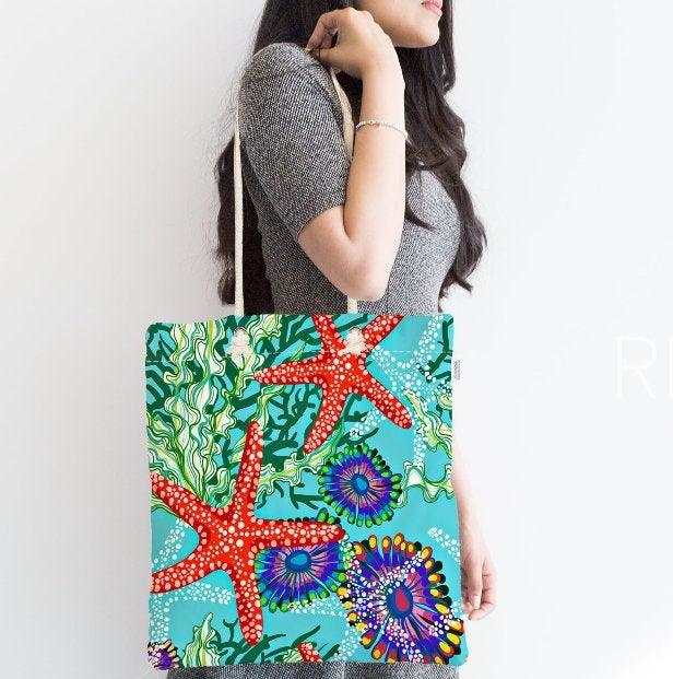 Coastal Shoulder Bag|Starfish Fabric Handbag|Sea Side Camping Handbag|Marine Beach Tote Bag|Digital Print Messenger Bag|Summer Trend Bag