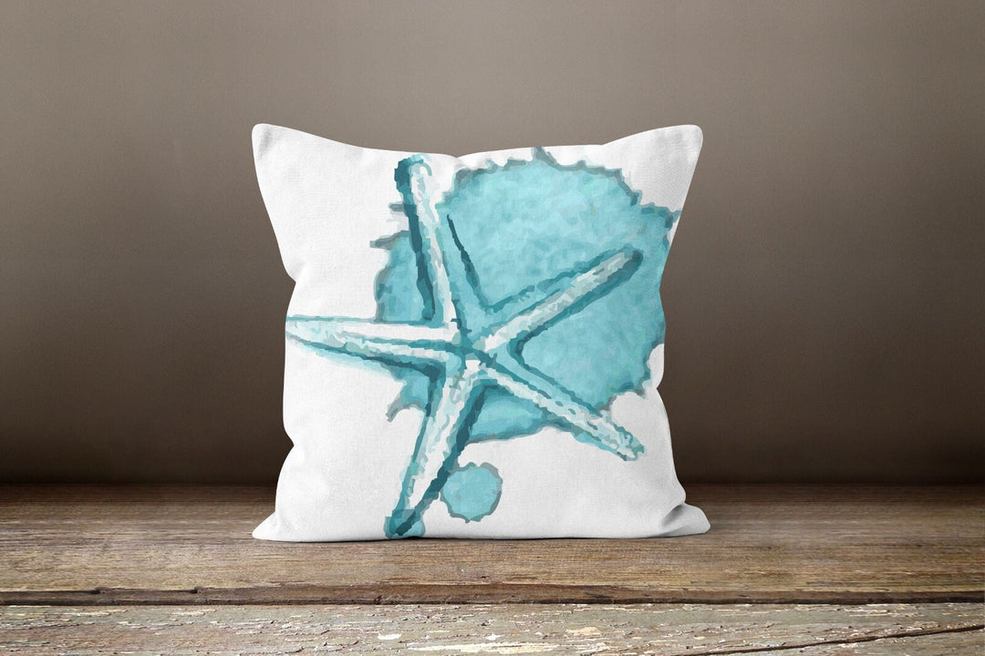 Nautical Pillow Case|Navy Blue Marine Pillow Cover|Decorative Turquoise Cushion|Coastal Throw Pillow|Starfish Oyster Coral Beach House Decor