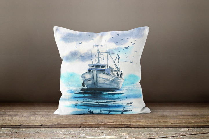 Nautical Pillow Case|Navy Blue Marine Pillow Cover|Decorative Turquoise Cushions|Coastal Throw Pillow|Whale Seahorse Ship Beach House Decor