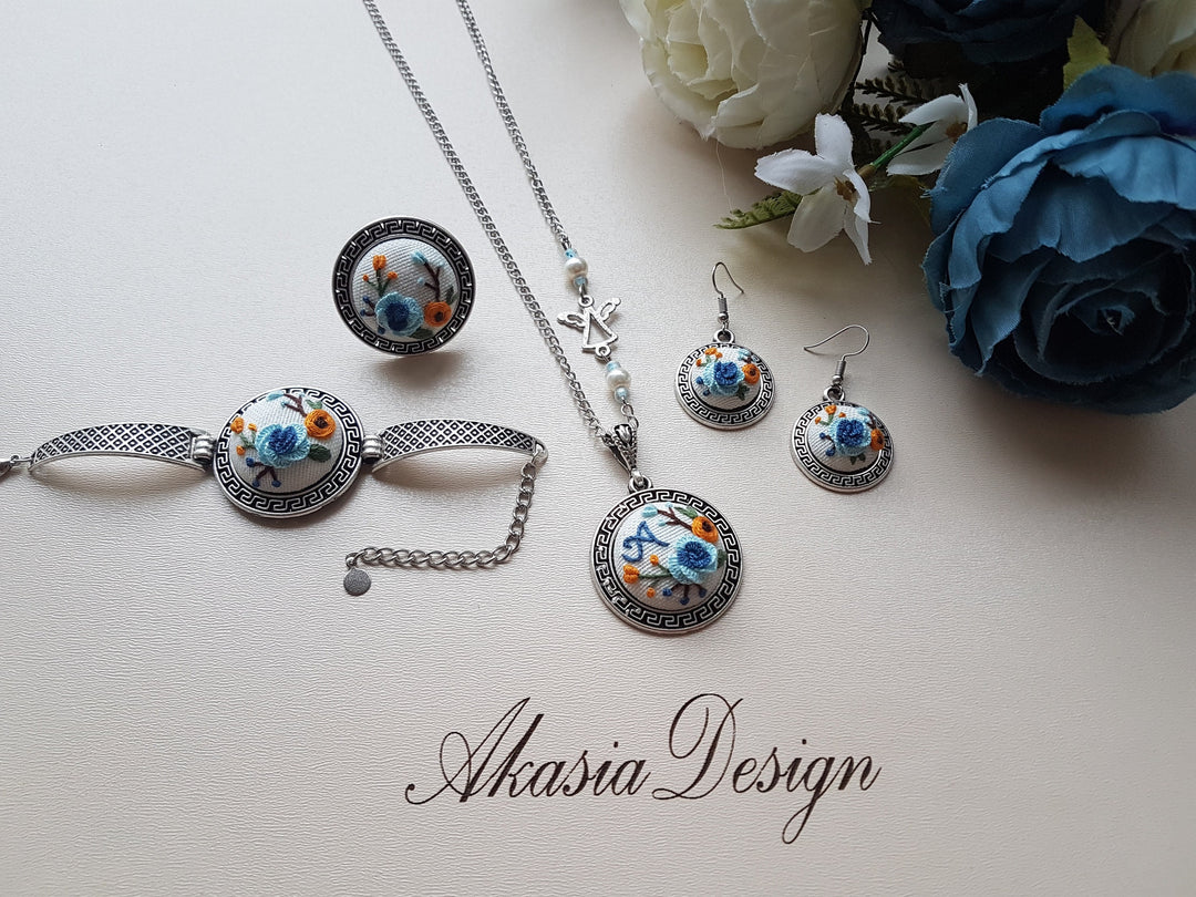 Embroidered Jewelry Set|Personalized Blue Orange Floral Embroidery Jewelry|Vintage Embroidered Pendant,Bracelet,Earrings,Ring|Gift for her