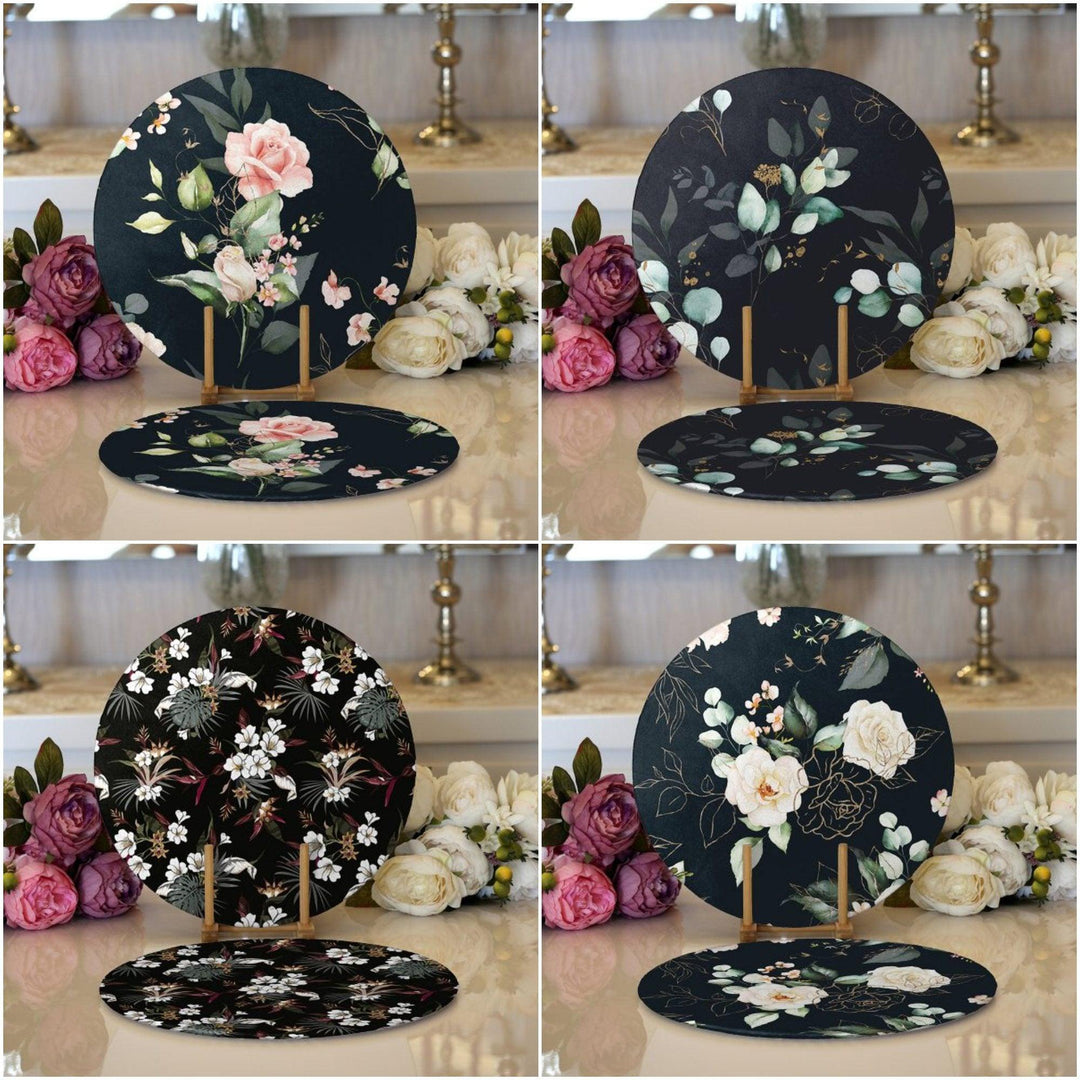 Floral Placemat|Set of 2 Flower Supla Table Mat|Flowers on Black Background Round American Service Dining Underplate|Farmhouse Style Coaster