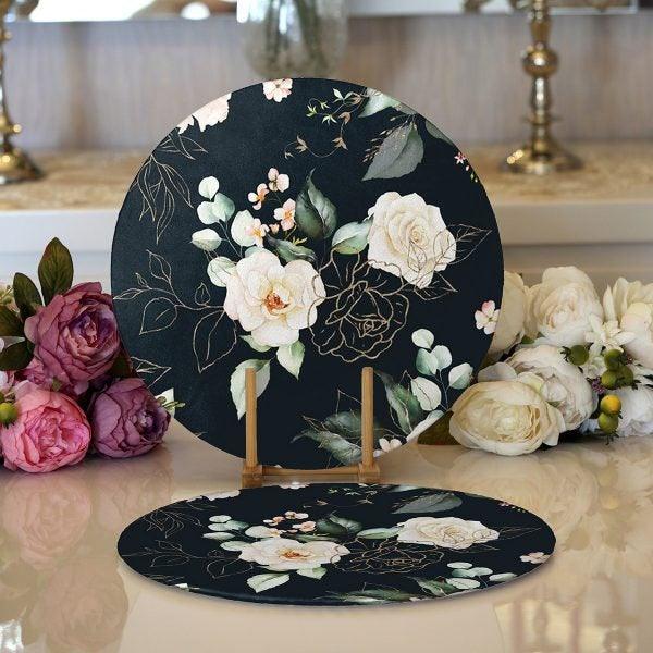 Floral Placemat|Set of 2 Flower Supla Table Mat|Flowers on Black Background Round American Service Dining Underplate|Farmhouse Style Coaster