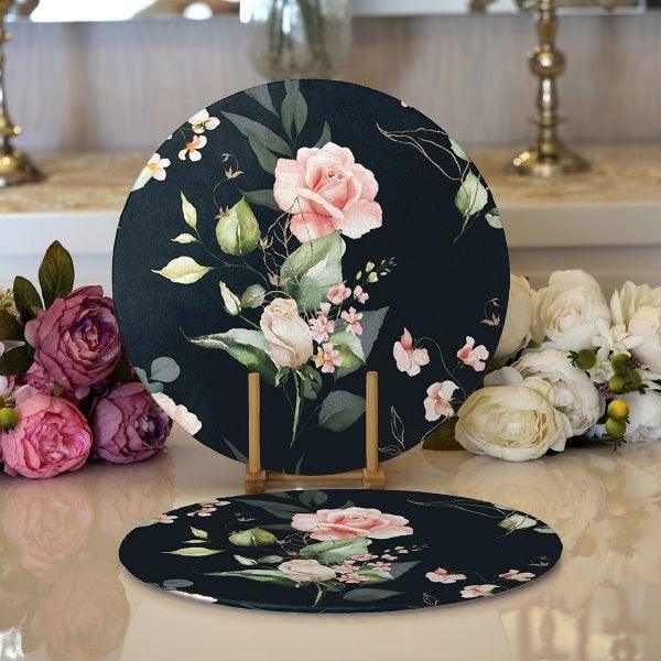 Floral Placemat|Set of 2 Flower Supla Table Mat|Flowers on Black Background Round American Service Dining Underplate|Farmhouse Style Coaster