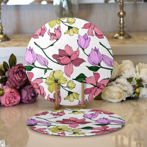 Floral Placemat|Set of 2 Flower Supla Table Mat|Flower Painting Round American Service Dining Underplate|Farmhouse Style Floral Coasters