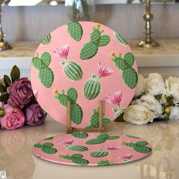 Cactus Placemat|Set of 2 Cactus Supla Table Mat|Succulent Round American Service Dining Underplate|Cactus on Pink Background Coaster Set