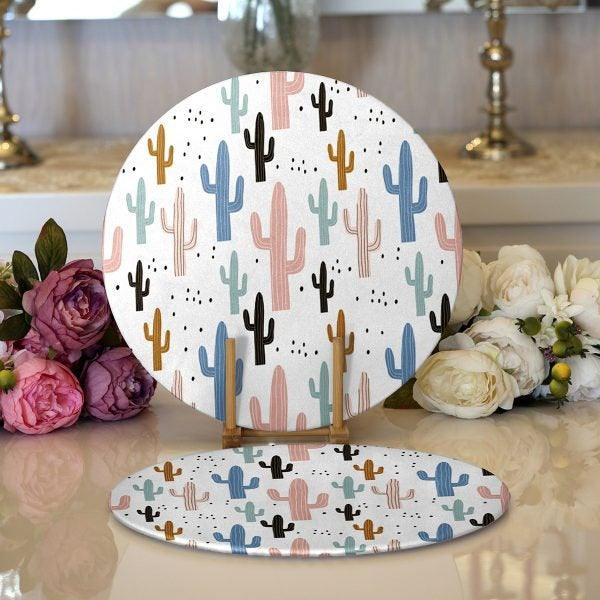 Cactus Placemat|Set of 2 Cactus Supla Table Mat|Succulent Round American Service Dining Underplate|Farmhouse Style Cactus Painting Coaster