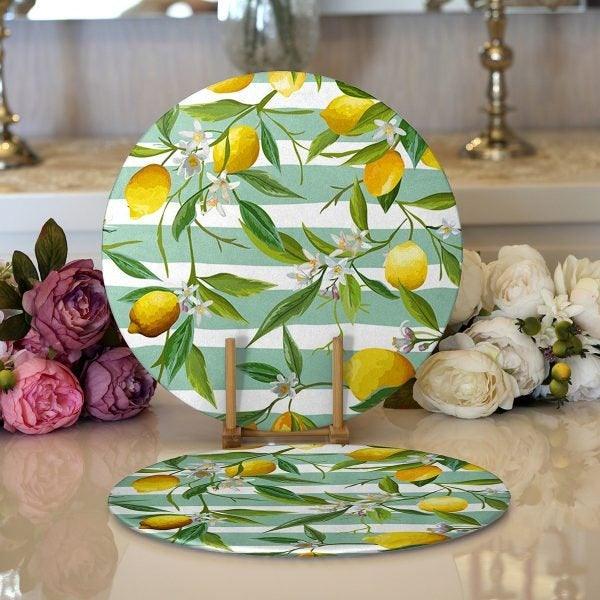 Lemon Placemat|Set of 2 Lemon Supla Table Mat|Lemon Tree Round American Service Dining Underplate|Farmhouse Style Yellow Lemon Coasters