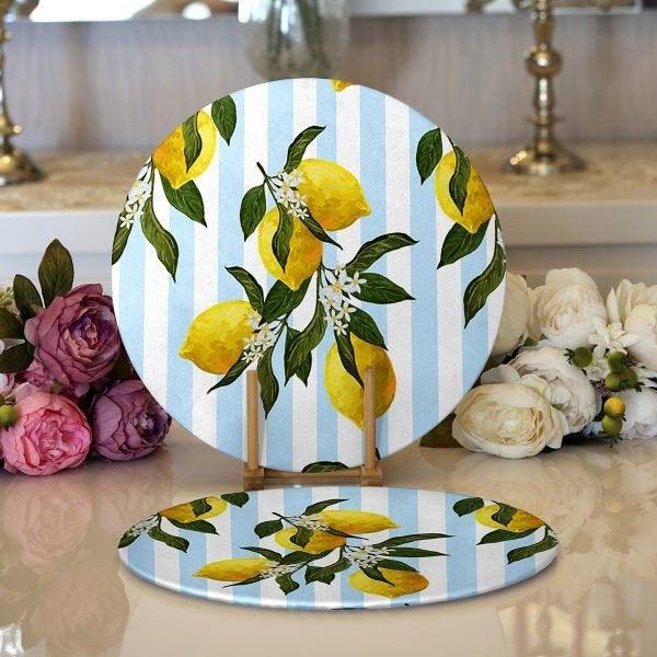 Lemon Placemat|Set of 2 Lemon Supla Table Mat|Lemon Tree Round American Service Dining Underplate|Farmhouse Style Yellow Lemon Coasters