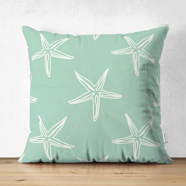 Beach House Pillow Cover|Coastal Cushion Case|Decorative Starfish Coral Seashell Pillow Top|Summer Trend Throw Pillow|Blue Marine Home Decor