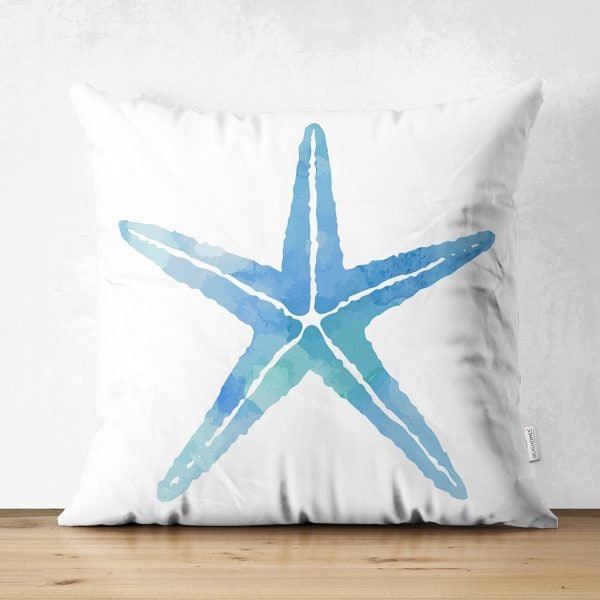 Beach House Pillow Cover|Coastal Cushion Case|Decorative Starfish Coral Seashell Pillow Top|Summer Trend Throw Pillow|Blue Marine Home Decor