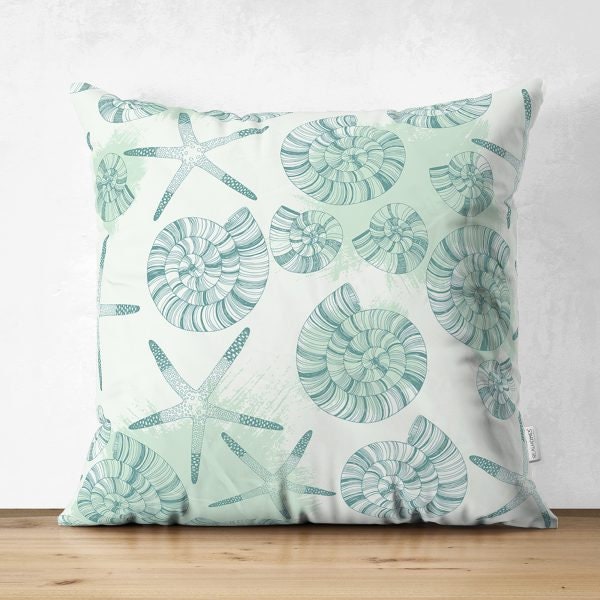 Beach House Pillow Cover|Coastal Cushion Case|Decorative Starfish Coral Seashell Pillow Top|Summer Trend Throw Pillow|Blue Marine Home Decor