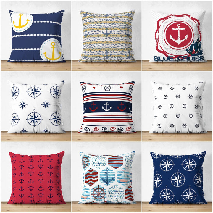 Nautical Pillow Cover|High Quality Suede Anchor and Compass Cushion Case|Decorative Nautical Pillow|Summer Trend Pillow|Beach House Cushion