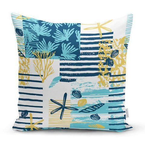 Beach House Pillow Covers|Coastal Pillow Case|Navy Marine Pillow|Decorative Nautical Cushion|Bluish Coral Seashell Starfish Pillow Cover