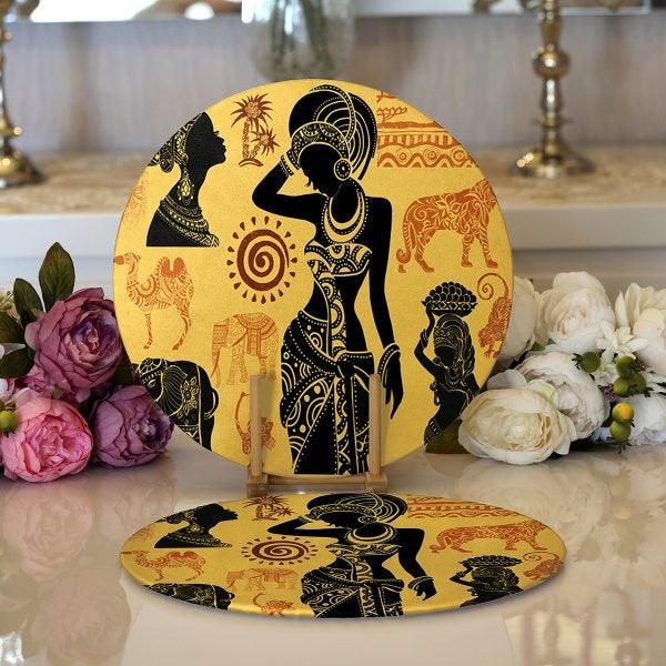 African Girl Placemat|Set of 2 Ethnic Supla Table Mat|Black Girl Round American Service Dining Underplate|Farmhouse Black-Brown Coasters