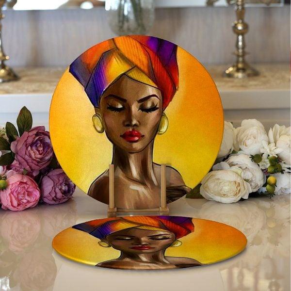 African Girl Placemat|Set of 2 Ethnic Supla Table Mat|Black Girl Round American Service Dining Underplate|Farmhouse Black-Brown Coasters