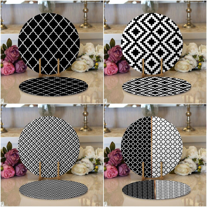 Geometric Placemat|Set of 2 Black White Supla Table Mat|Decorative Round American Service Dining Underplate|Black White Design Coasters