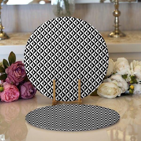 Geometric Placemat|Set of 2 Black White Supla Table Mat|Decorative Round American Service Dining Underplate|Black White Design Coasters