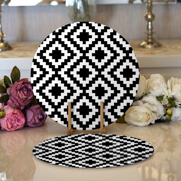 Geometric Placemat|Set of 2 Black White Supla Table Mat|Decorative Round American Service Dining Underplate|Black White Design Coasters