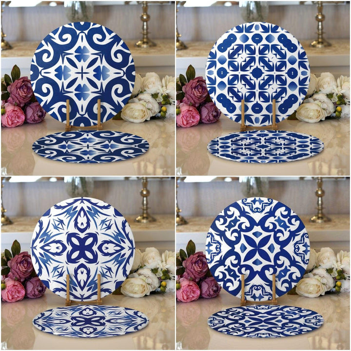 Tile Pattern Placemat|Set of 2 Blue White Supla Table Mat|Decorative Round American Service Dining Underplate|Geometric Design Coasters