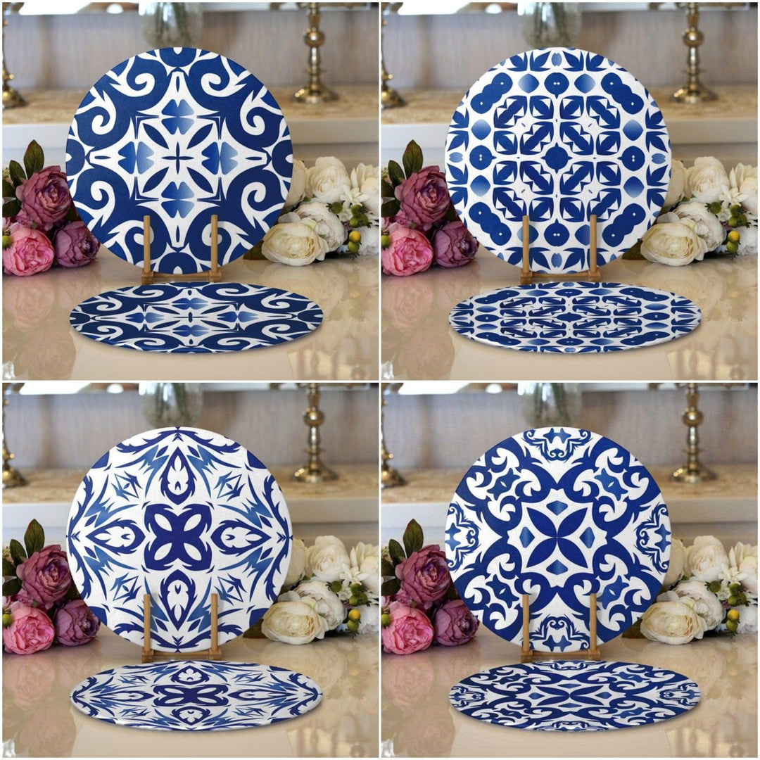 Tile Pattern Placemat|Set of 2 Blue White Supla Table Mat|Decorative Round American Service Dining Underplate|Geometric Design Coasters