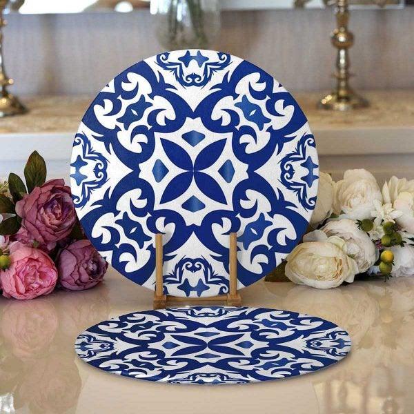 Tile Pattern Placemat|Set of 2 Blue White Supla Table Mat|Decorative Round American Service Dining Underplate|Geometric Design Coasters