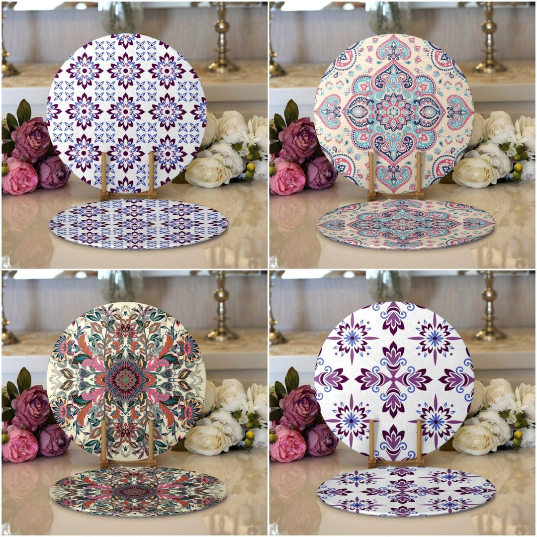 Tile Pattern Placemat|Set of 2 Geometric Supla Table Mat|Decorative Round American Service Dining Underplate|Geometric Design Coasters