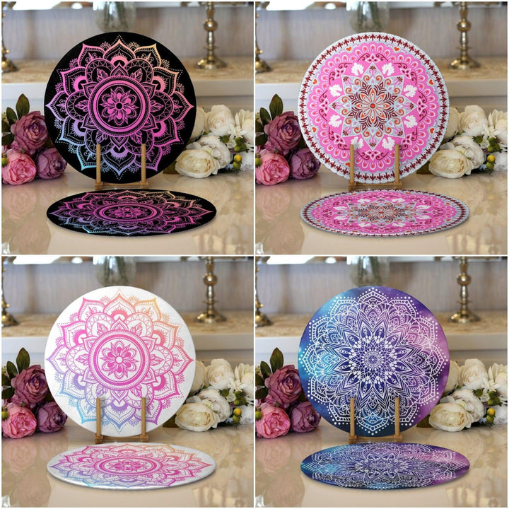 Tiled Mandala Placemat|Set of 2 Tiled Mandala Supla Table Mat|Decorative Round American Service Dining Underplate|Purple and Pink Coasters