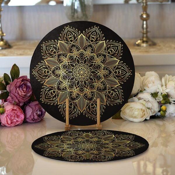 Tiled Mandala Placemat|Set of 2 Tiled Mandala Supla Table Mat|Decorative Round American Service Dining Underplate|Black and Gold Coasters