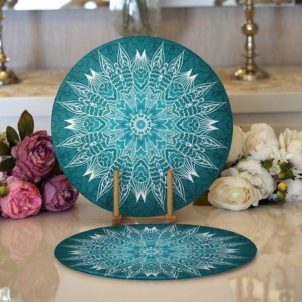 Tiled Mandala Placemat|Set of 2 Tiled Mandala Supla Table Mat|Decorative Round American Service Dining Underplate|Black and Green Coasters