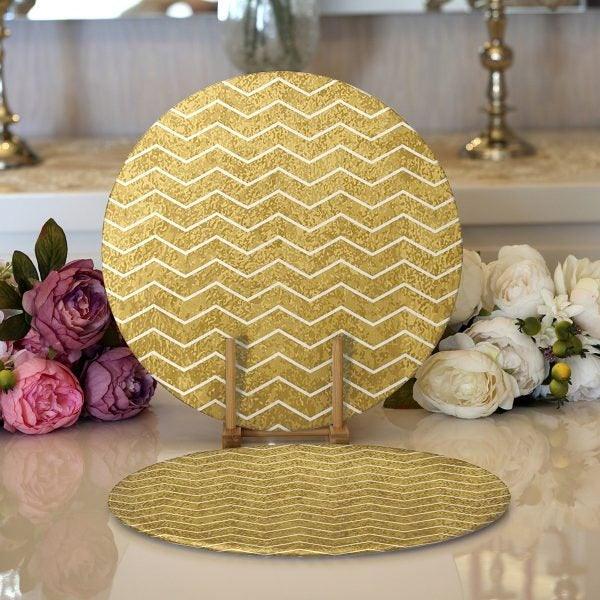 Zig Zag Pattern Placemat|Set of 2 Zig Zag Pattern Supla Table Mat|Decorative Round American Service Dining Underplate|Gold and White Coaster