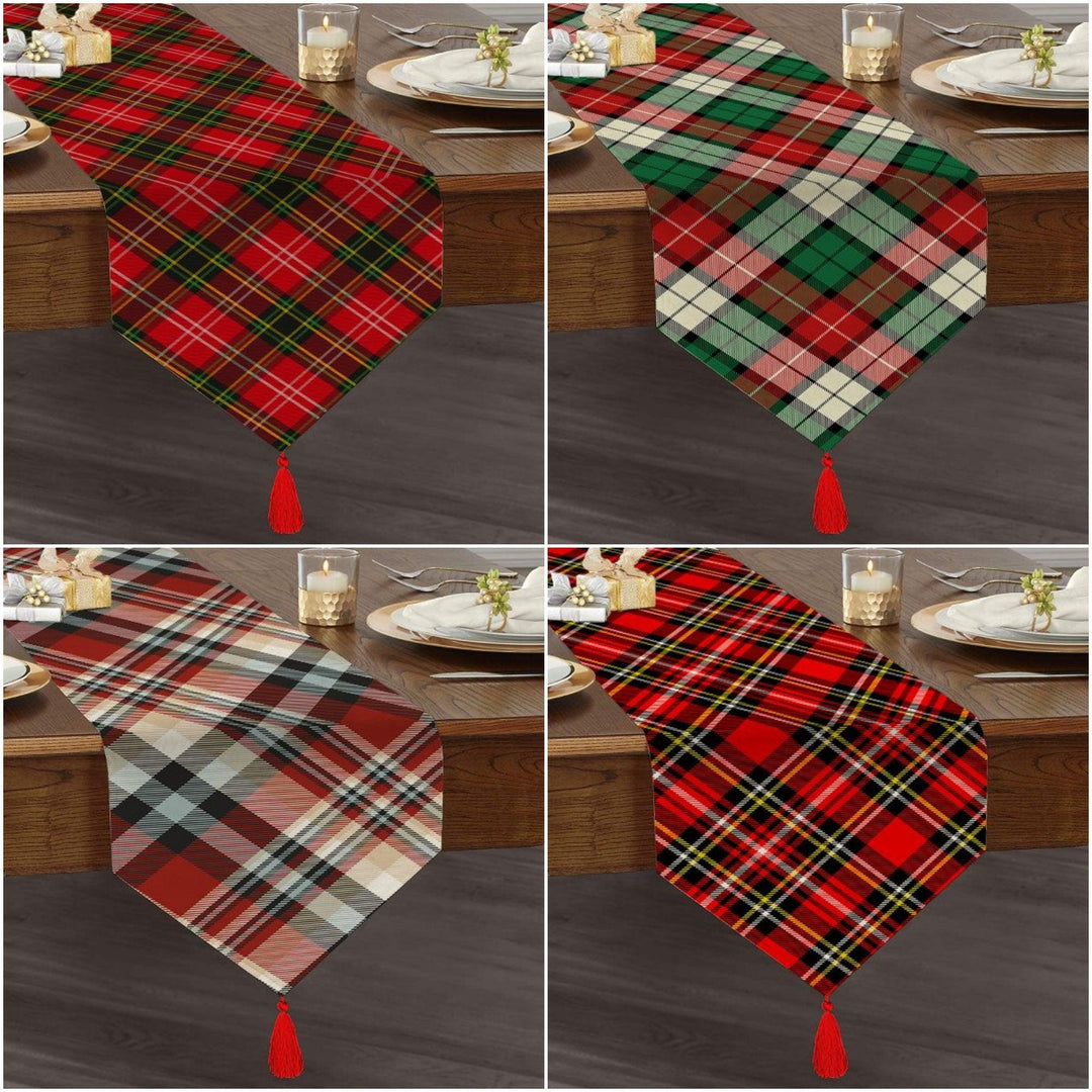 Plaid Table Runner|High Quality Triangle Chenille Table Runner|Decorative Tabletop|Tartan Pattern Table Runner|Checkered Tasseled Runner